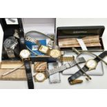 A BOX OF ASSORTED ITEMS, to include a boxed rolled gold 'Sheaffer' ball point pen, etched with