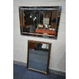 A MIRRORED FRAME BEVELLED EDGE WALL MIRROR, 106cm x 76cm, and a mahogany bevelled edge wall