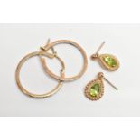 A PAIR OF 9CT GOLD DIAMOND SET HOOP EARRINGS AND A PAIR OF DROP EARRINGS, the polished yellow gold