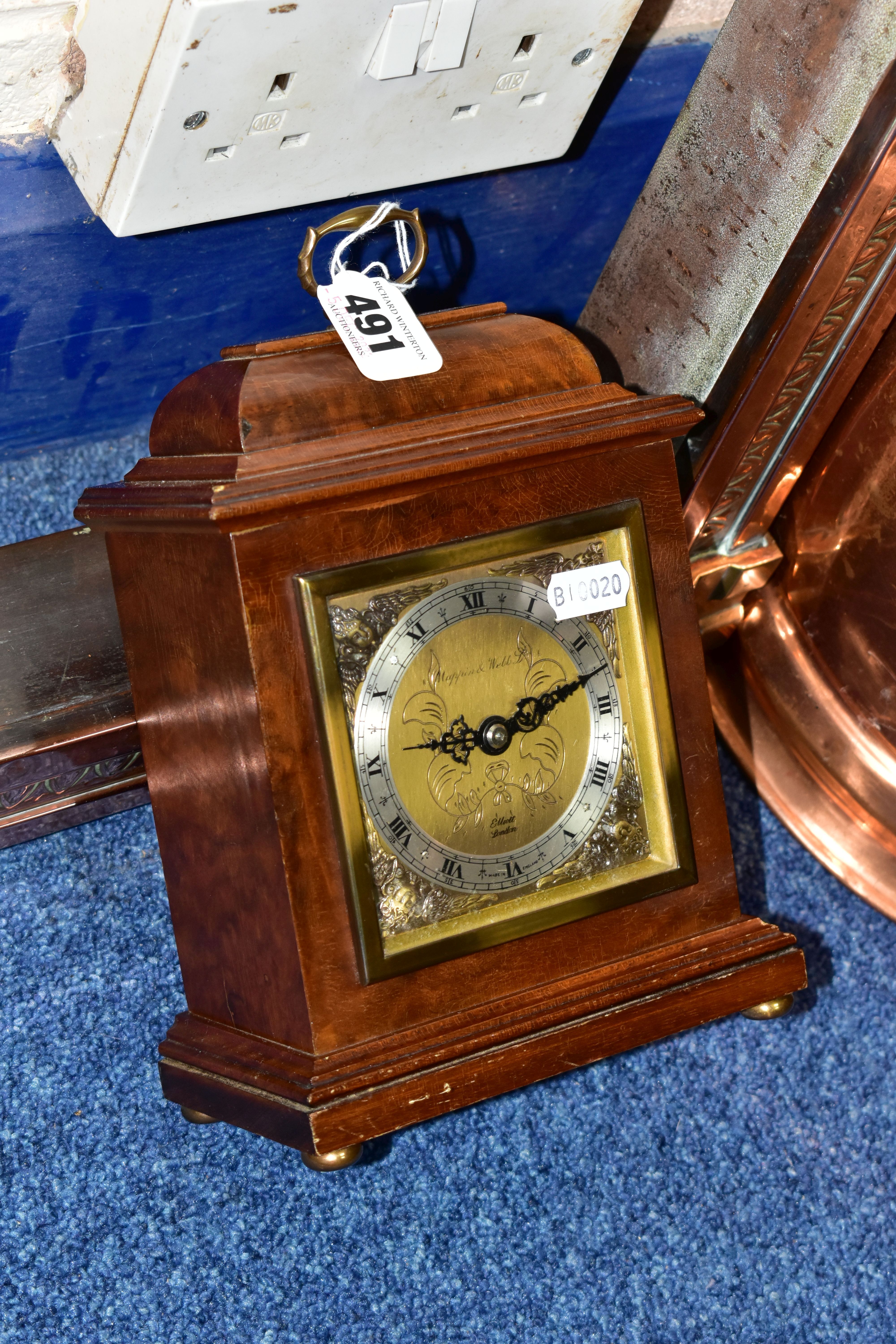 A MAPPIN & WEBB MANTEL CLOCK TOGETHER WITH A 20TH CENTURY COPPER FENDER, and a copper and brass coal - Image 3 of 6