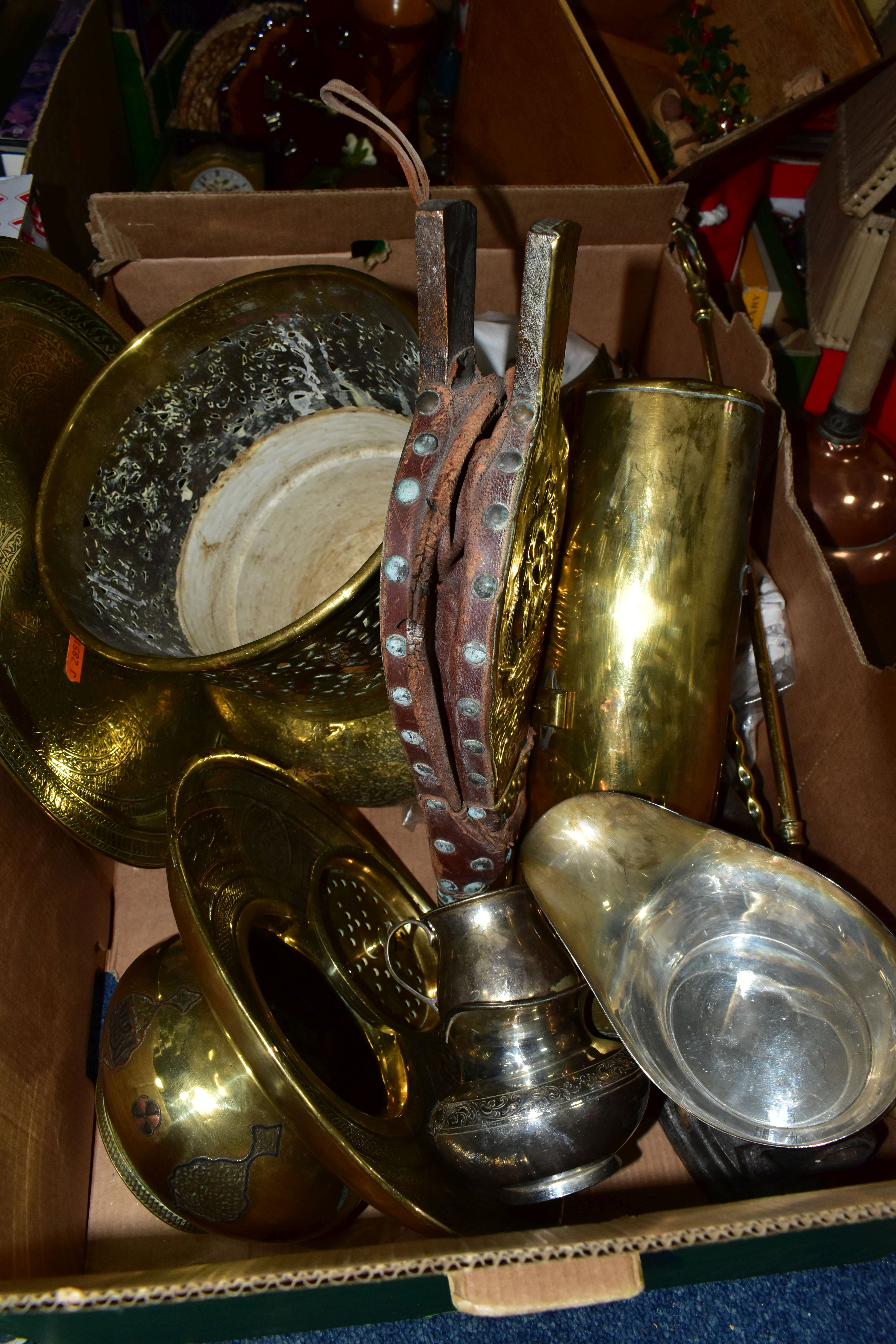 THREE BOXES OF METALWARE, to include two copper wash day dollies, an autograph book with drawings - Image 5 of 16