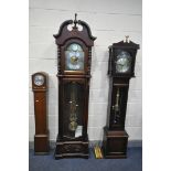 A SLIM MAHOGANY LONGCASE CLOCK, with a brass and silvered dial, and Tempus Fugit to arch, height