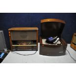 A VINTAGE PYE BLACK BOX RECORD PLAYER in mahogany cabinet (slow to turn) and a McMichael 154 AC