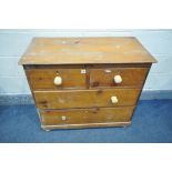 A 19TH CENTURY AND LATER PINE CHEST OF TWO SHORT OVER TWO LONG DRAWERS, width 92cm x depth 47cm x