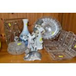 A GROUP OF BOHEMIAN 'QUEEN LACE' CUT GLASS, TWO LLADRO NAO SCULPTURES AND TWO ROYAL COPENHAGEN
