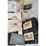 SILK POSTCARDS, one album containing 100 WWI era embroidered silk Postcards and one box containing a