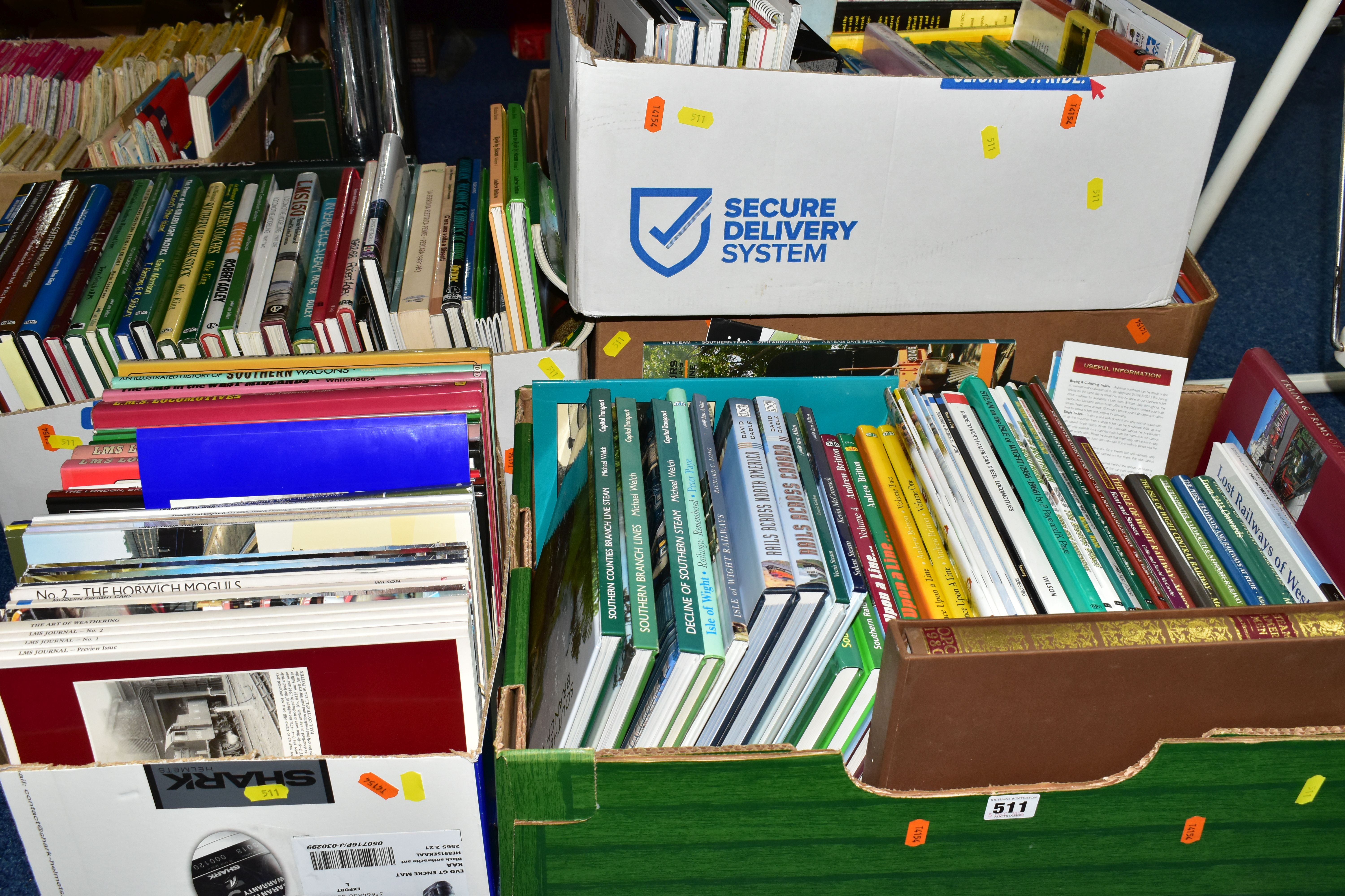 FIVE BOXES OF BOOKS, to include over one hundred and fifty books and magazines covering steam