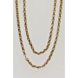 A YELLOW METAL BELCHER CHAIN, a long chain fitted with a jump ring, unmarked, length 660mm,