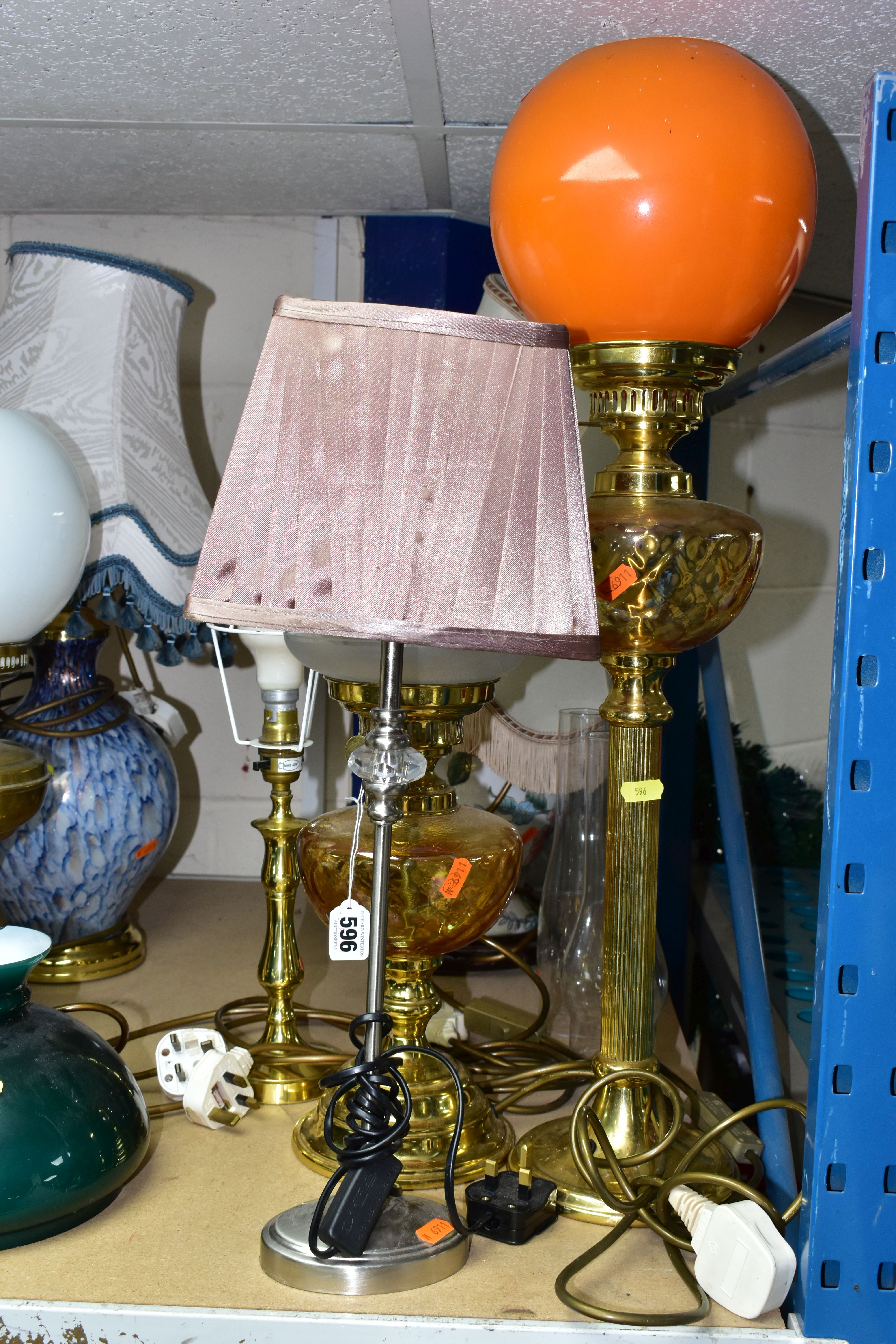 EIGHT TABLE LAMPS, SHADES AND CHIMNEYS, comprising a brass based oil lamp, three electric lamps in - Image 2 of 5