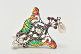 A WHITE METAL PLIQUE A JOUR BROOCH, of an art nouveau style, set with circular cut rubies,