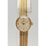 A LADIES 9CT GOLD 'LONGINES' WRISTWATCH, manual wind, round silver dial signed 'Longines', Arabic