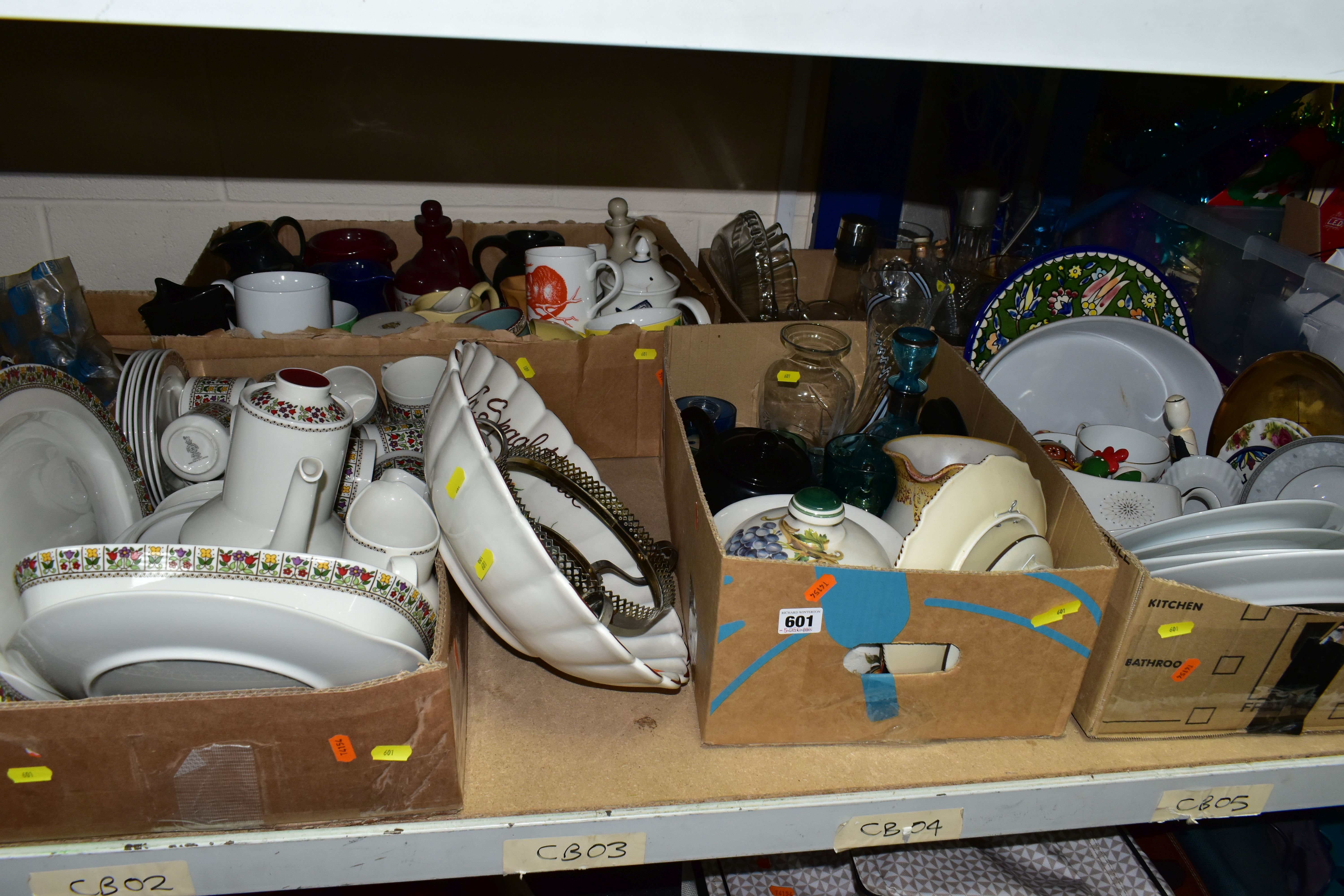 FIVE BOXES AND LOOSE ASSORTED CERAMICS AND GLASS, to include Royal Doulton 'Fireglow' TC1080 pattern
