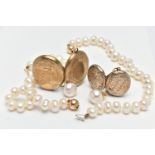 TWO GOLD BACK AND FRONT LOCKETS, TWO CULTURED PEARL BRACELETS AND A PAIR OF CULTURED PEARL EARRINGS,