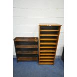 A TALL OAK TEN TIER SHELVING UNIT, width 54cm x depth 34cm x height 136cm, along with a slim four