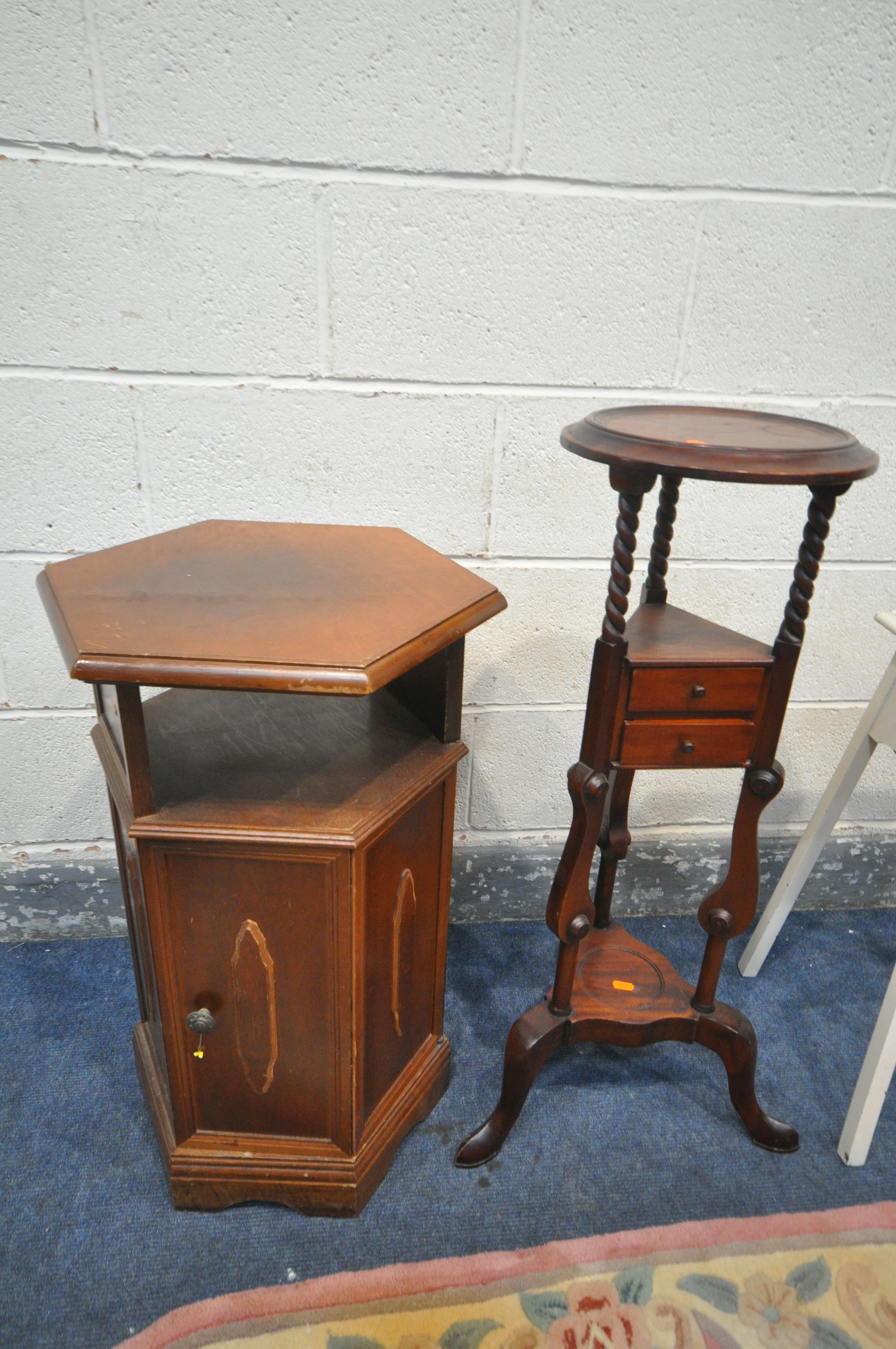A MAHOGANY WIG STAND, with two drawers, height 86cm, a hexagonal side cabinet, a painted torcher, - Image 2 of 2