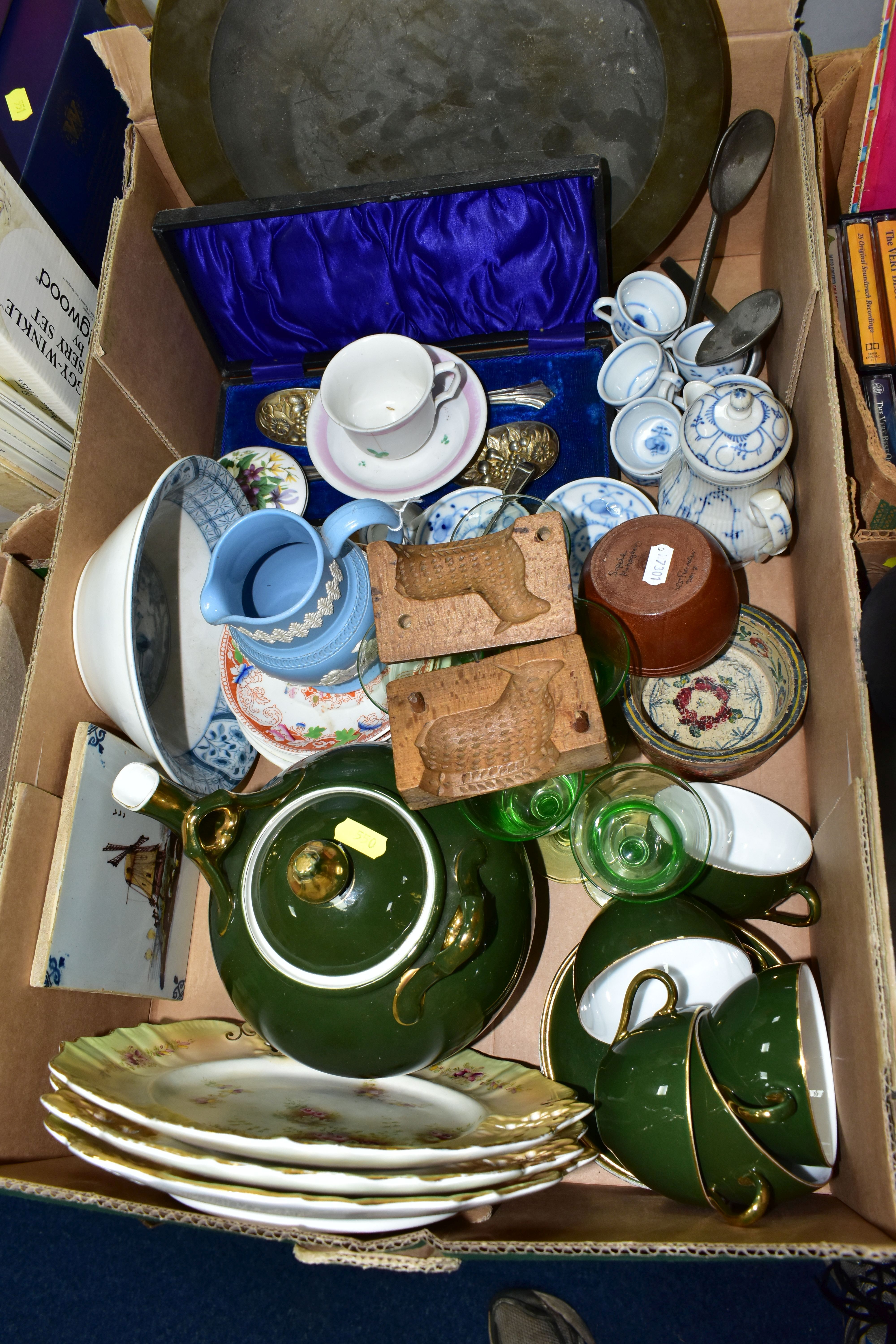 ONE BOX OF ASSORTED CERAMICS, to include three Ivory Blush Carlton ware plates, a Dudson blue Jasper
