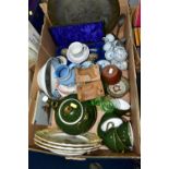 ONE BOX OF ASSORTED CERAMICS, to include three Ivory Blush Carlton ware plates, a Dudson blue Jasper