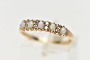 A 9CT GOLD OPAL AND DIAMOND HALF ETERNITY RING, designed with five oval cut opal cabochons, each