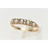 A 9CT GOLD OPAL AND DIAMOND HALF ETERNITY RING, designed with five oval cut opal cabochons, each