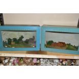 TWO MID 20TH CENTURY WOOD AND GLASS CASED DIORAMAS, one containing a model of a house with several