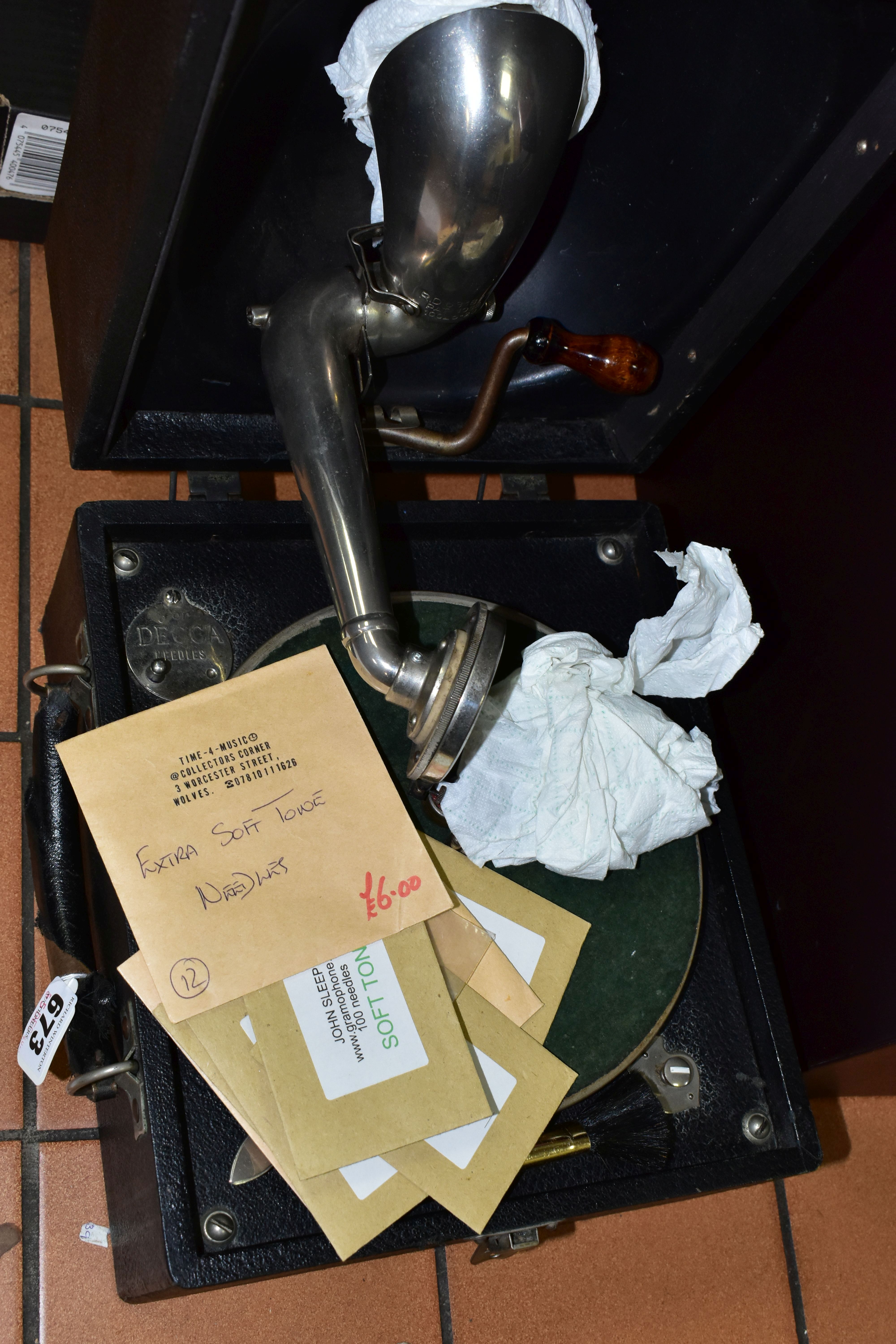 A GEORGE V PORTABLE GRAMOPHONE 'THE CRESCENDO JUNIOR SOUND BOX', marked Decca on needle cover, - Image 2 of 4