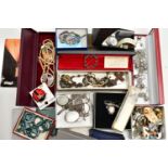 A BOX OF ASSORTED SILVER AND COSTUME JEWELLERY, to include a silver ingot pendant set with a