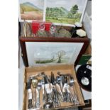 TWO BOXES AND LOOSE CERAMICS, GLASS, METAL WARES AND PICTURES, to include an art deco style Old
