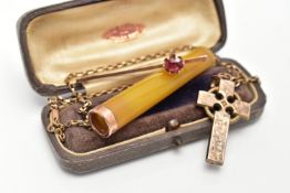 AN EARLY 20TH CENTURY GOLD PENDANT AND CHAIN, A GEMSET BAR BROOCH AND A CHEROOT, the first a rose
