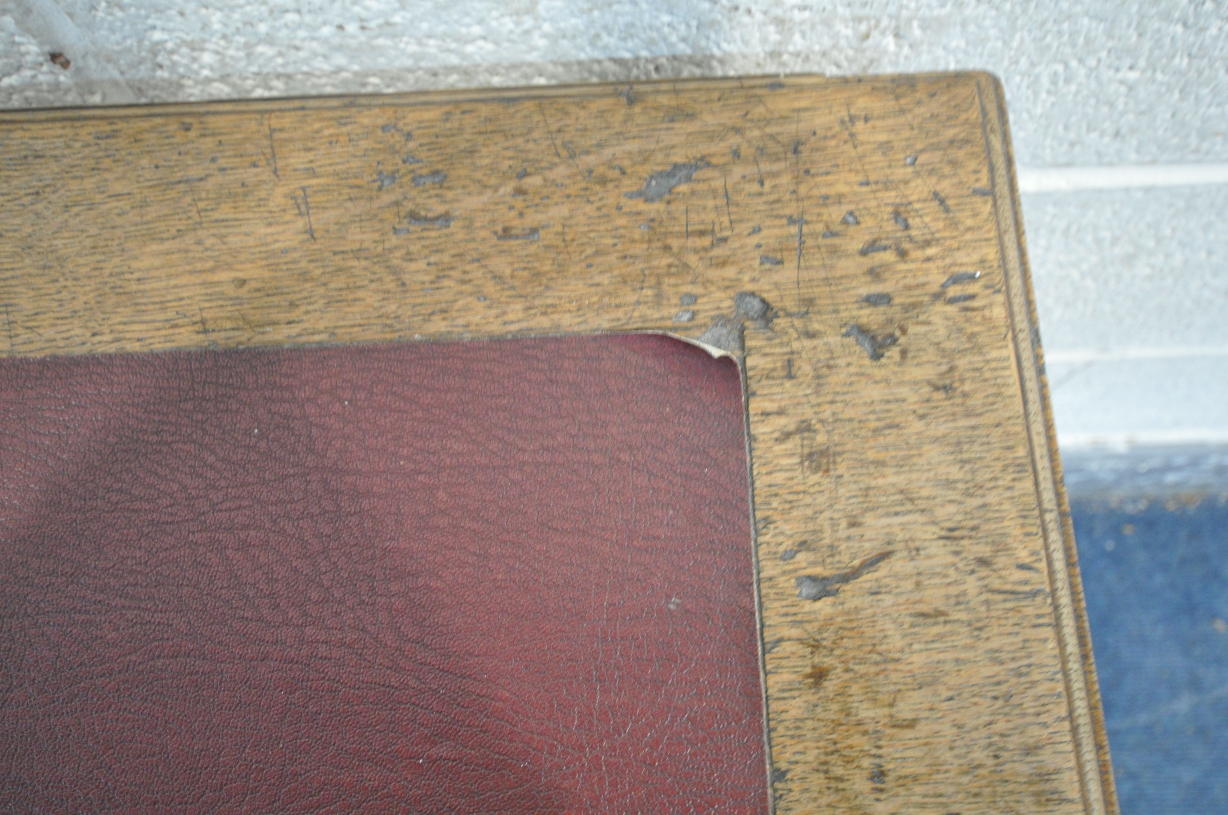 AN EDWARDIAN OAK PEDESTAL DESK, with burgundy leatherette writing surface, and nine various drawers, - Image 2 of 3