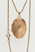 A 9CT GOLD LOCKET AND CHAIN, the locket of an oval form, decorated with a foliate pattern and vacant