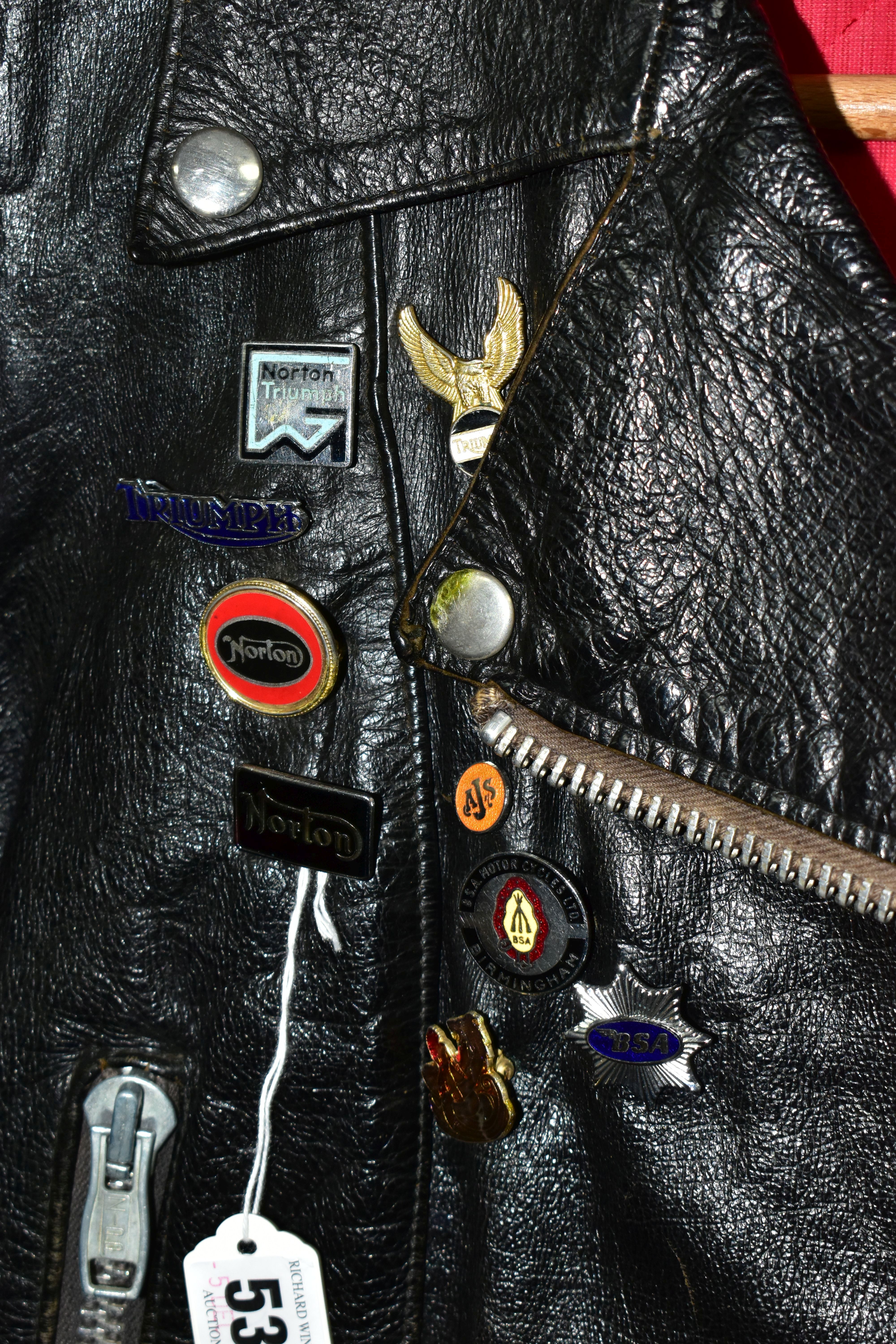 A BLACK LEATHER PIN BADGE BIKER'S JACKET, size small, Frank N Furter style, with sixteen metal pin - Image 2 of 6