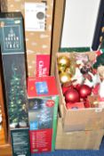 FIVE BOXES OF CHRISTMAS DECORATIONS, to include a boxed 3.5ft Christmas tree, a boxed pre- lit