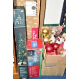 FIVE BOXES OF CHRISTMAS DECORATIONS, to include a boxed 3.5ft Christmas tree, a boxed pre- lit