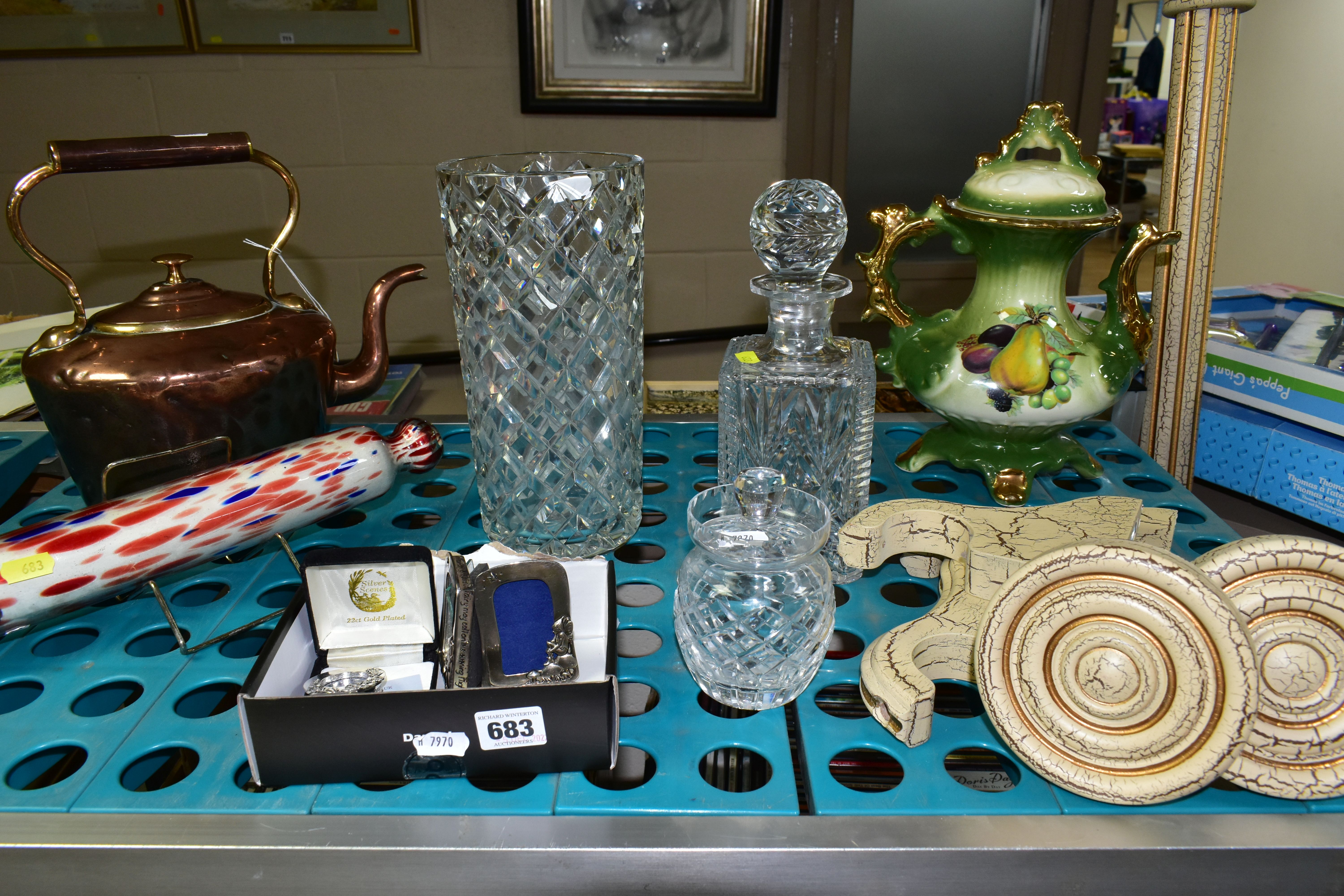 A GROUP OF GLASS, METAL WARES, CERAMICS AND SUNDRY ITEMS, comprising three Silver Scenes plated