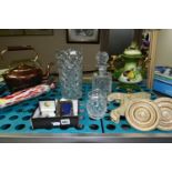 A GROUP OF GLASS, METAL WARES, CERAMICS AND SUNDRY ITEMS, comprising three Silver Scenes plated