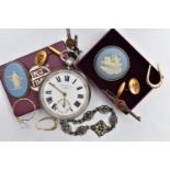 A SILVER OPEN FACE POCKET WATCH AND ASSORTED YELLOW AND WHITE METAL, a key wound movement, white