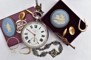 A SILVER OPEN FACE POCKET WATCH AND ASSORTED YELLOW AND WHITE METAL, a key wound movement, white