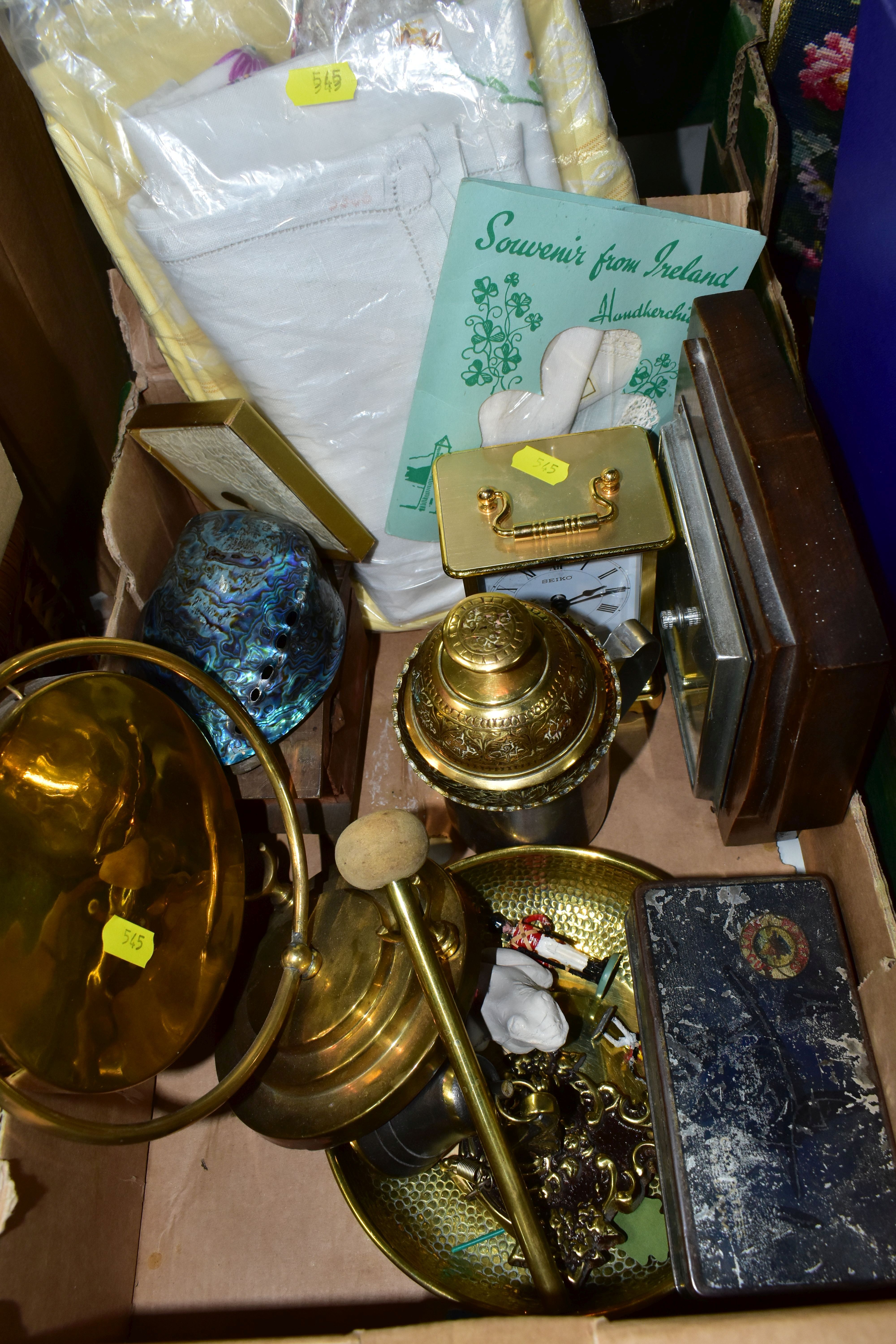 TWO BOXES OF ASSORTED SUNDRIES, to include a ceramic based table lamp, height 43cm to top of brass - Image 4 of 10