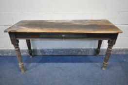A VICTORIAN PINE SIDE TABLE, with a single drawer, on turned legs, length 148cm x depth 55cm x