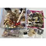 A BOX OF ASSORTED COSTUME JEWELLERY AND FASHION WRISTWATCHES, to include various beaded necklaces,