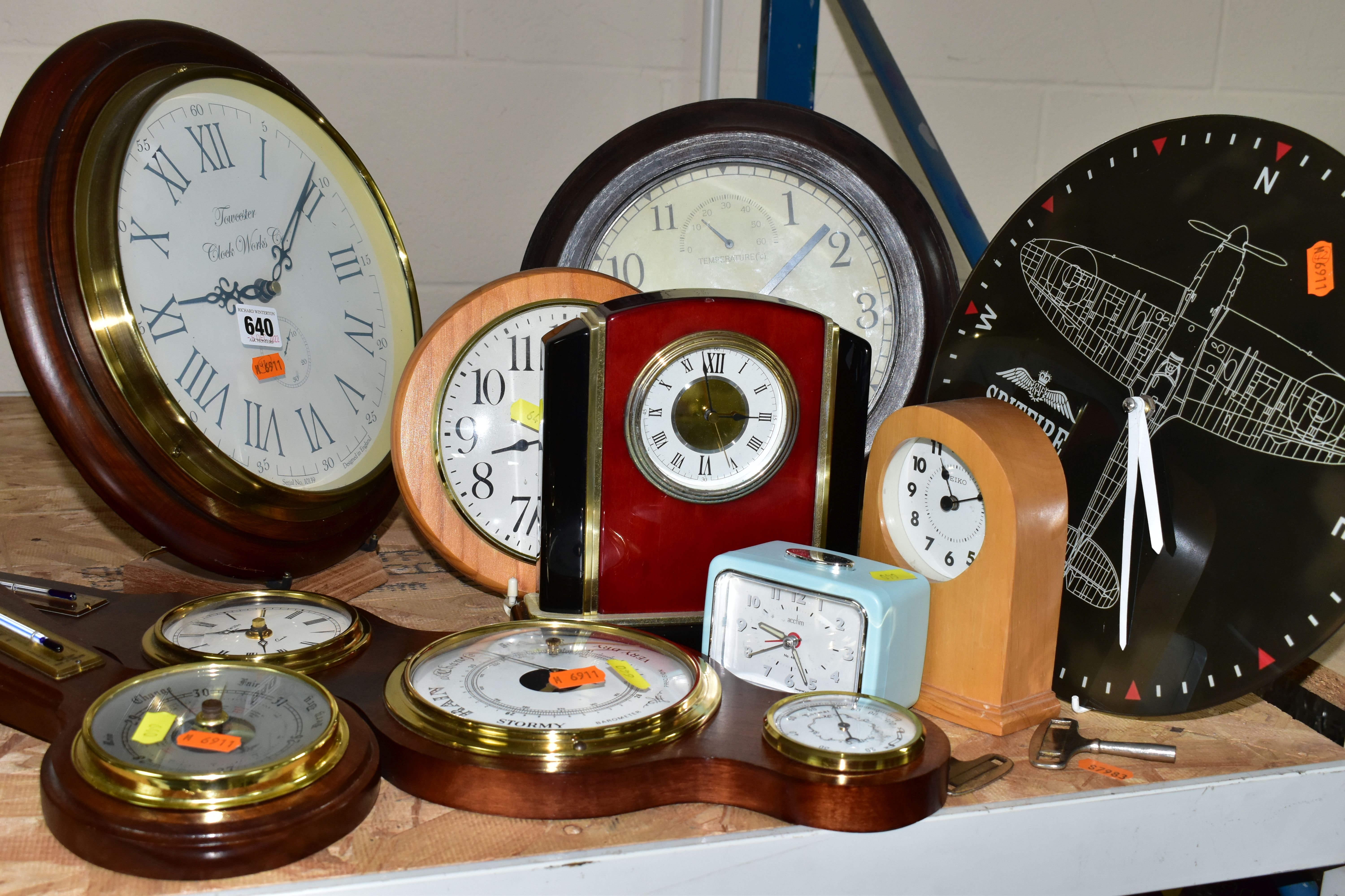 A GROUP OF CLOCKS AND BAROMETERS, to include wall, mantel and alarm clocks, a Royal Air Force