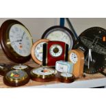 A GROUP OF CLOCKS AND BAROMETERS, to include wall, mantel and alarm clocks, a Royal Air Force