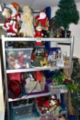 A QUANTITY OF CHRISTMAS DECORATIONS AND ORNAMENTS ETC, to include Christmas trees, Christmas tree