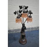 A ART NOUVEAU STYLE RESIN TRIPLE BRANCH FIGURAL TABLE LAMP, of a scantily clad lady with a fruit