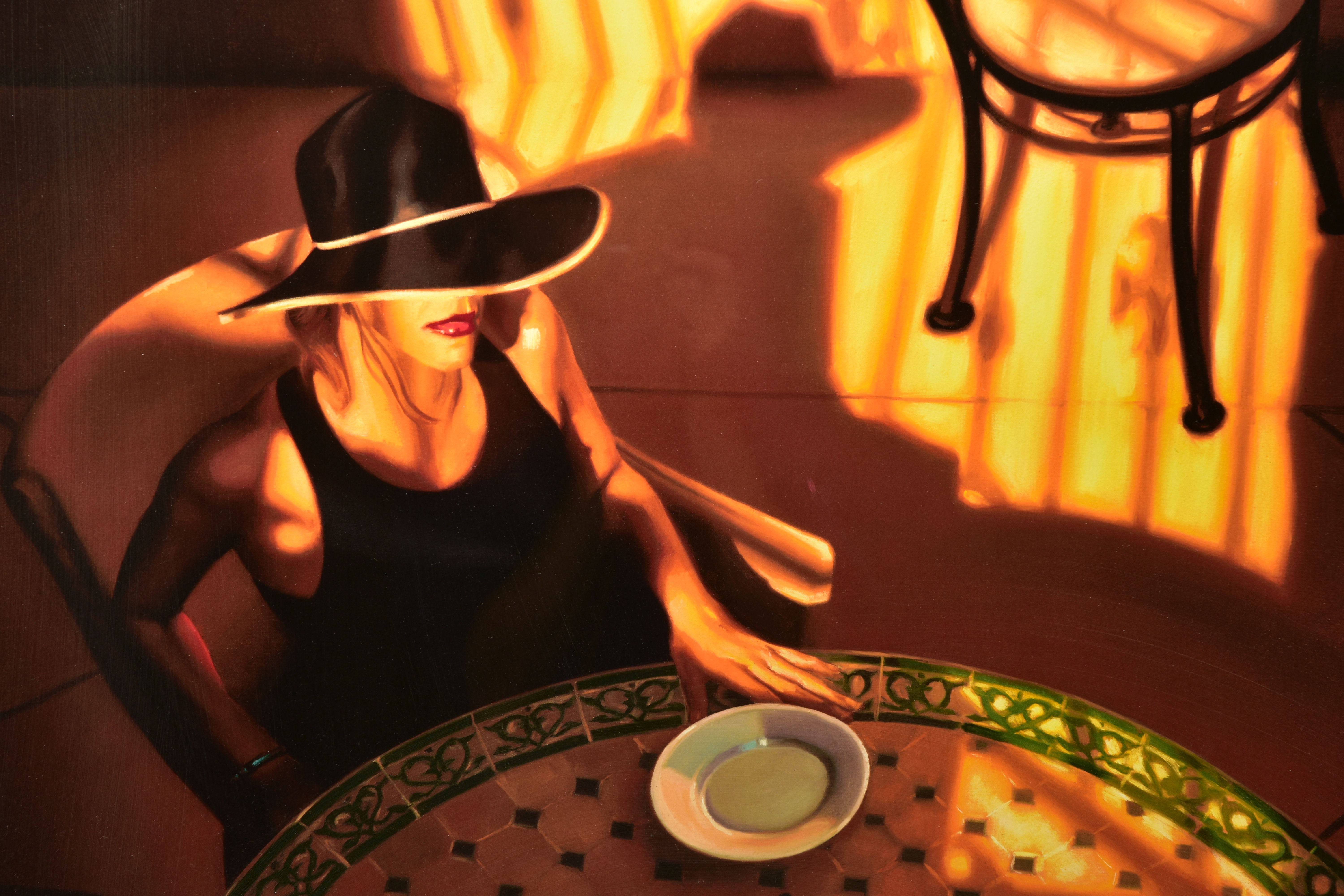 CARRIE GRABER (AMERICAN 1975) 'BARCELONA' a portrait of a woman wearing a wide brimmed hat seated at - Image 2 of 9