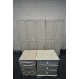 A MATCHED FRENCH BEDROOM SUITE, comprising two sized wardrobes, largest wardrobe width 76cm x