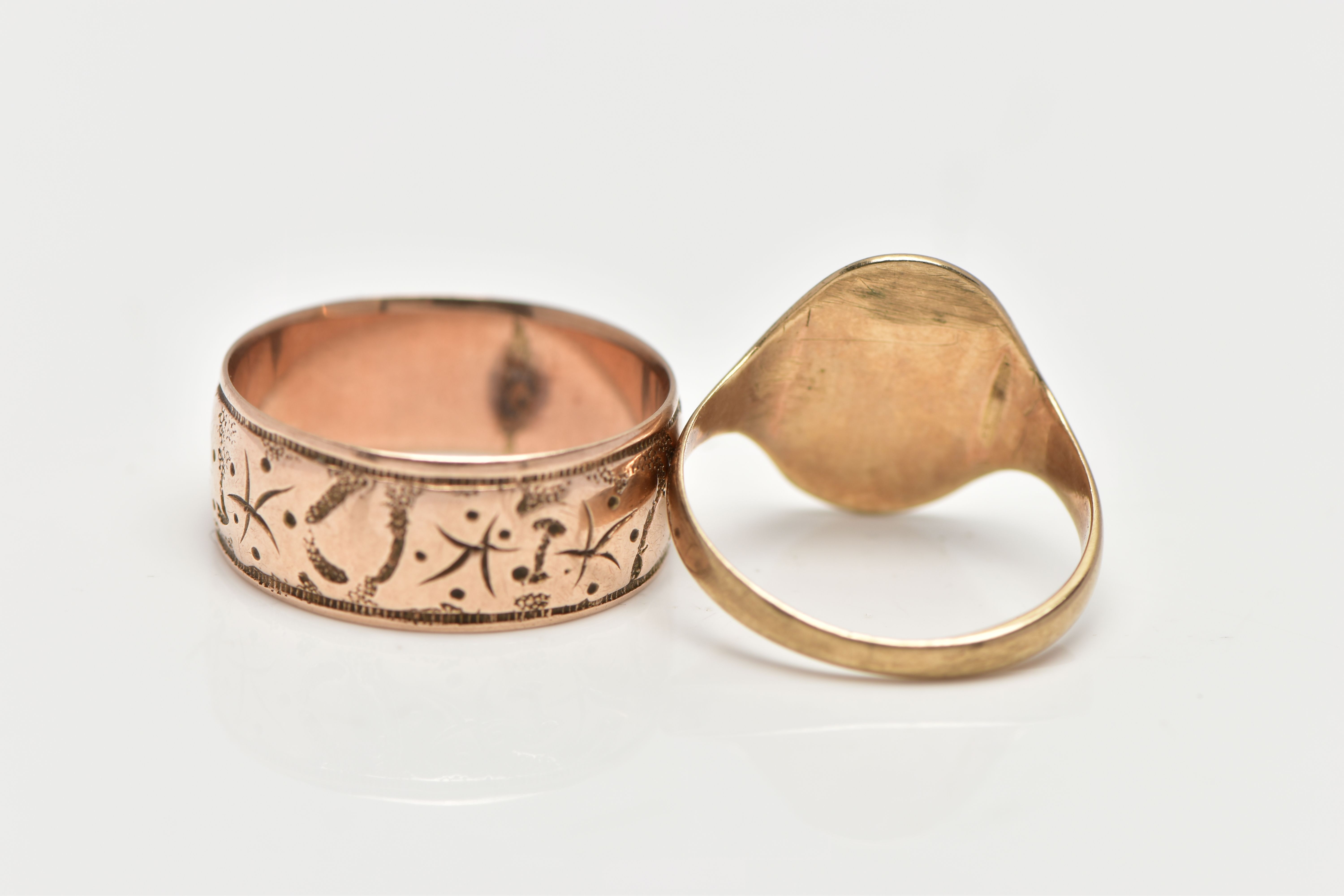 TWO 9CT GOLD RINGS, the first a wide band ring, engraved with a partly worn ivy leaf foliage design, - Image 3 of 3