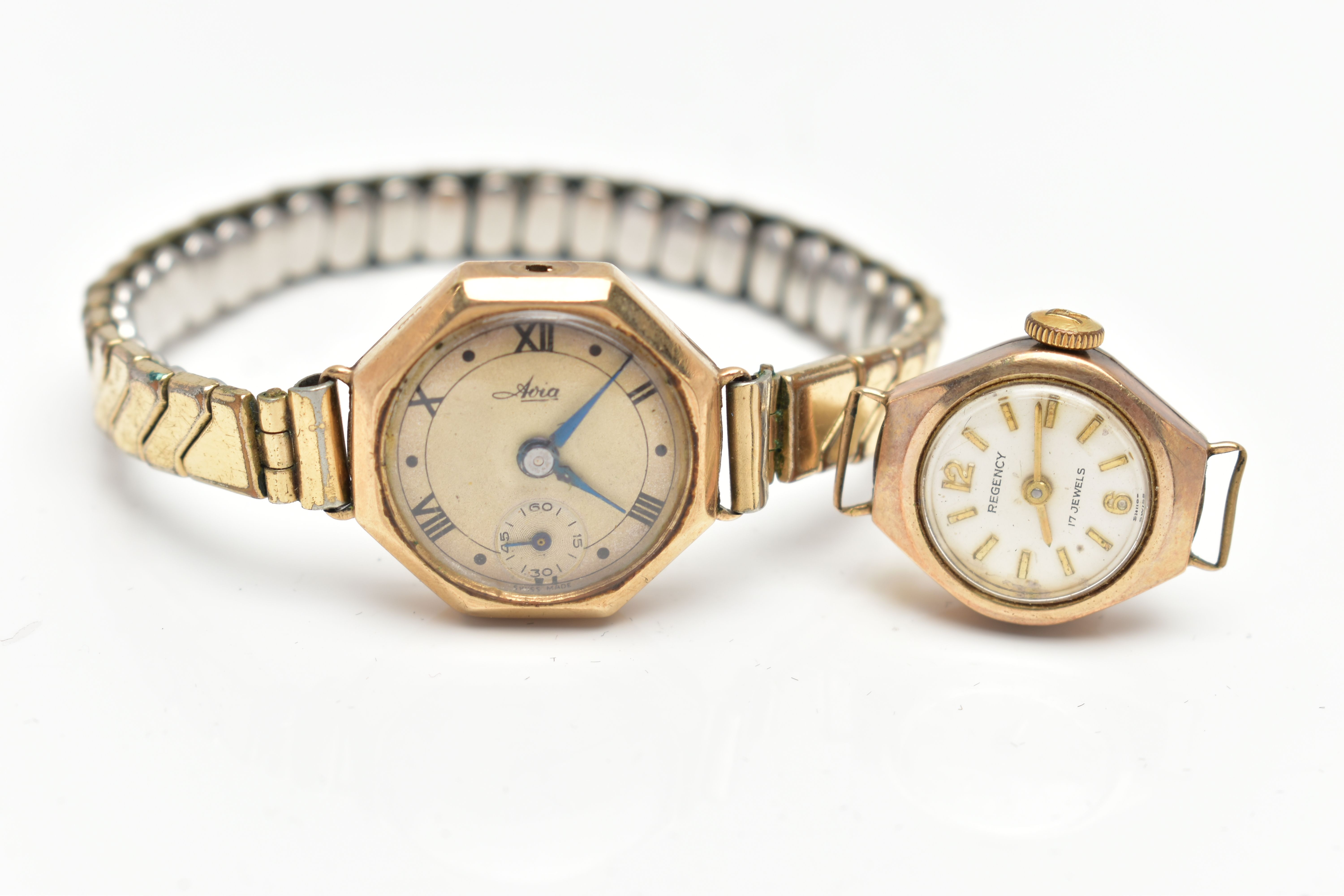 TWO 9CT GOLD WATCHES, the first an AF lady's wrist watch, signed 'Avia', Roman numerals