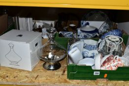 THREE BOXES AND LOOSE CERAMICS, GLASS AND METALWARES, to include a boxed turn wine decanter and wine