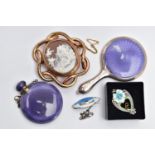 A DAVID ANDERSEN SCENT FLASK AND BROOCH, ENAMEL BROOCH AND A GOLD PLATED CAMEO BROOCH, the scent